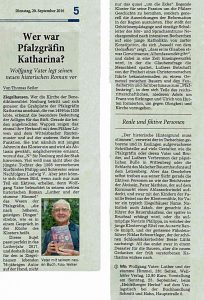 Artikel: RNZ vom 20. 9. 2016 – Wer war Pfalzgräfin Katharina